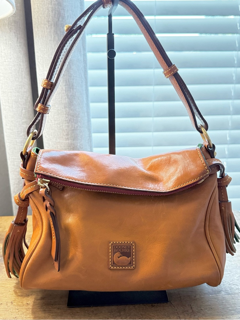 Dooney & Bourke Florentine Leather Foldover Tassel Shoulder Bag Tan Chestnut